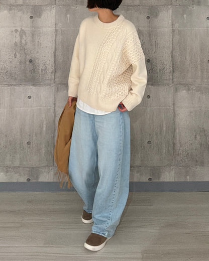 【pre-order】Asymmetric Cable Knit (smoky-blue)