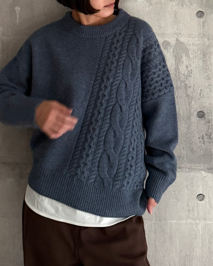 【pre-order】Asymmetric Cable Knit (smoky-blue)