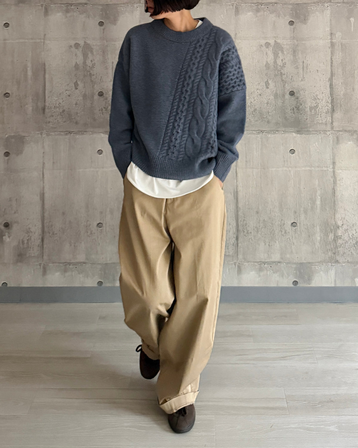 【pre-order】Asymmetric Cable Knit (smoky-blue)